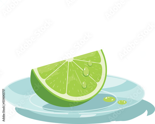 Lime Wedge with Droplets on Transparent Plate Vector Illustration Fresh Green Citrus 