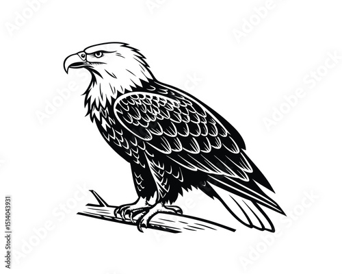 Majestic Bald Eagle Perched on Branch Black and White Illustration
