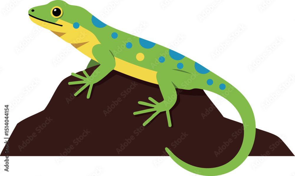 Fototapeta premium Green lizard with blue spots resting on brown rock vector illustration natural reptile design 