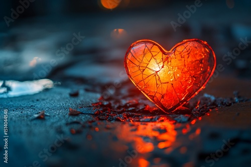 Heartbreak: Cracked glass heart shining amidst the darkness symbolizes pain