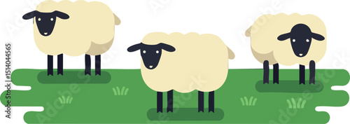 Three sheep grazing on green grass pasture farm animals vector illustration 