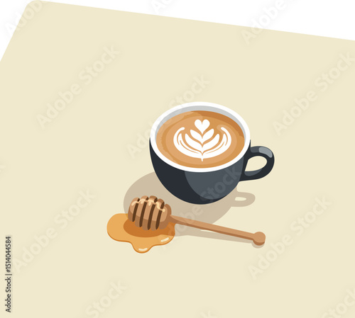 Latte coffee cup with honey dipper and honey vector illustration in beige background 