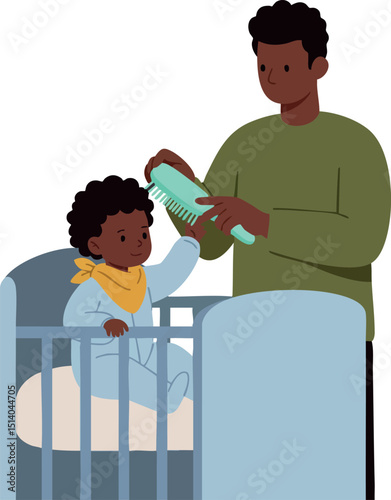 Father Feeding Baby with Bottle Near Crib in Room Vector Illustration 
