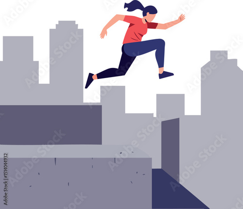 Woman jumping between buildings urban parkour cityscape active lifestyle vector illustration 