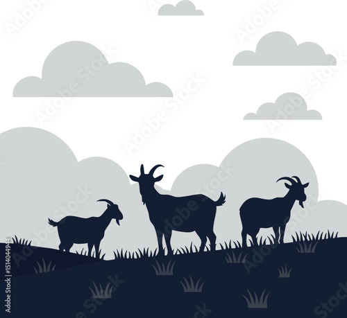 Silhouettes of goats on grassy hill under cloudy sky vector illustration 