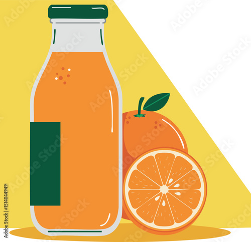 Orange juice bottle with fresh orange fruit illustration in yellow background vector 