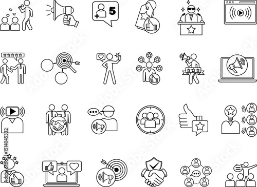 Influencer Icon Set. Vector Illustrations Follower, Promote, Broadcast, Recommend, Celebrity, Marketing, Content Creator, Social Media, Review, Influence, Niche, and More