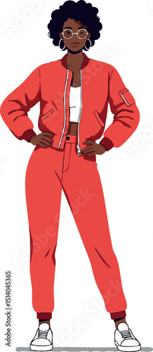 Confident young woman in red tracksuit standing with hands on hips vector illustration 