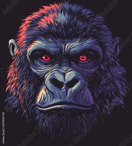 gorilla head with red eyes multicolor drawing, t-shirt design  illustration photo