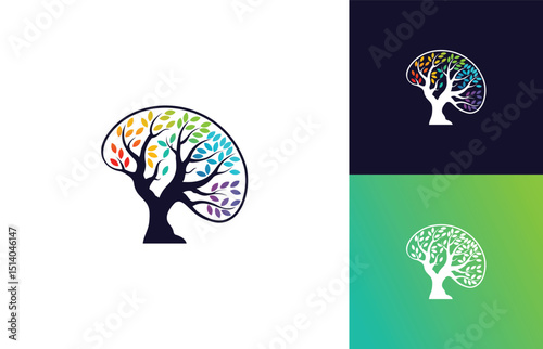 Abstract  tree logo design inspiration, brain with tree symbol vector template 