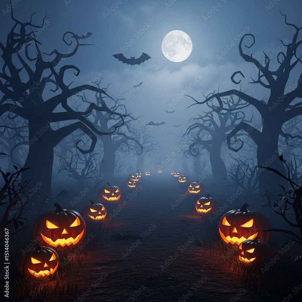 Fototapeta premium Halloween Night Path of Jack-o'-Lanterns in a Haunted Forest