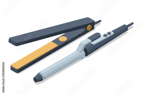 Isometric vector of flat iron and curling iron for professional hairstyling. Modern tools used by barbers and stylists in beauty salons and hair studios.