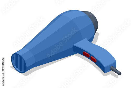Isometric vector illustration of a blue hairdryer. Essential electric tool for barbers, hairstylists, and beauty salons to dry and style hair efficiently.