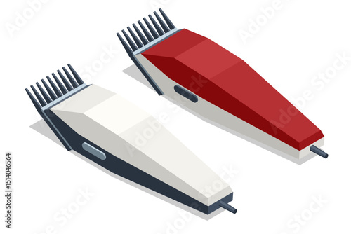 Isometric vector of two electric hair clippers in red and white. Barbershop essentials used for hair trimming and precision haircuts.