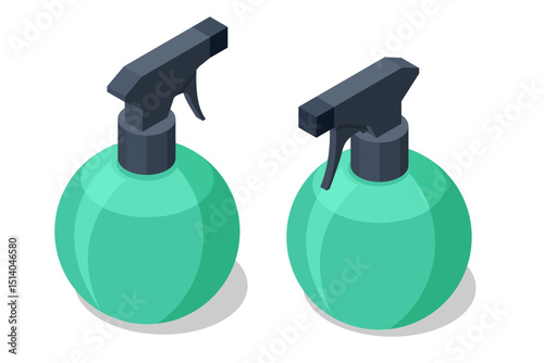 Isometric vector illustration of two green spray bottles used in hair salons and barbershops. Essential accessories for professional hairdressing and grooming workstations.