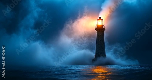 Illuminating structure under stormy skies with fog and glowing orange light. The light beam shines through clouds in the night at sea. The scene highlights drama