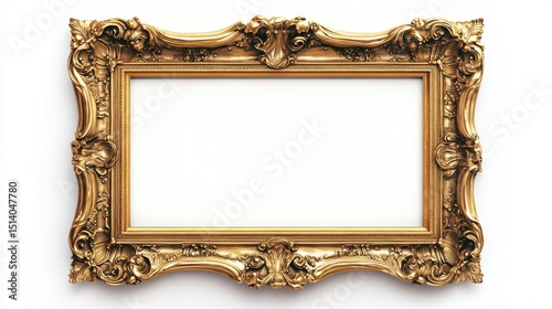 Vintage gold horizontal frame, rectangular border template with   15.5x8.5 aspect ratio for web, presentation, video thumbnail, 16x9 work project, png isolate on white background