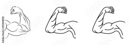 Muscles icon set, strong arm of an athlete, Linear Hand icons, biceps icons, Bodybuilding and fitness concept, on a white background.
