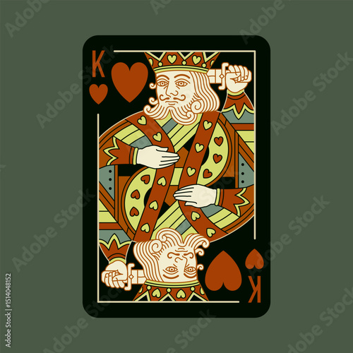 King of Hearts, playing poker card in black design. Isolated vector illustration. Editable stroke lines.	