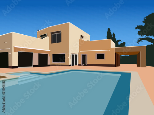 Color Vector illustration of a modern house with a swimming pool and palm trees. House in the Art Nouveau style and a large swimming pool in front of it, for decorating your designs in the style of re