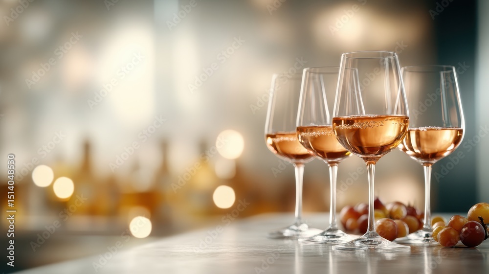 Obraz premium A beautifully arranged set of four glasses filled with rose wine, beautifully blurred background highlighting a celebratory atmosphere, perfect for stock photography.