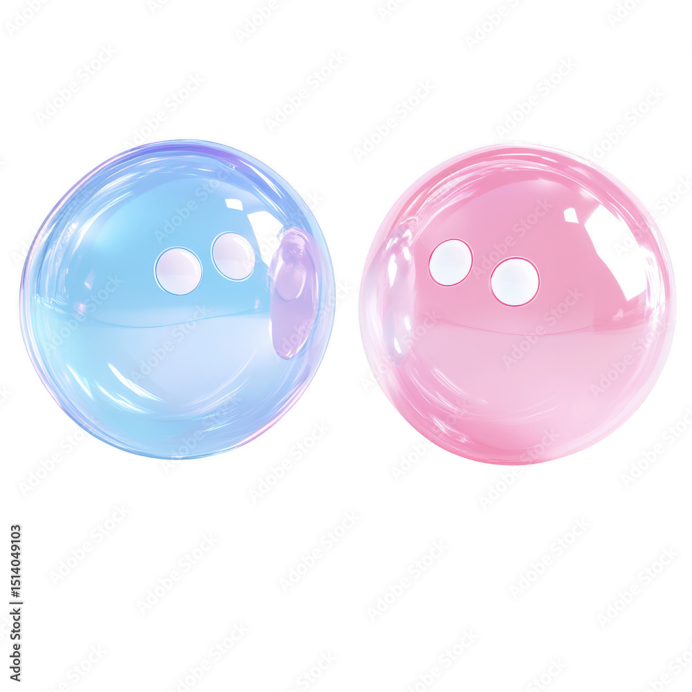 Pastel pink and blue glossy bubbles with dots isolated on transparent background Pastel pink and blue glossy bubbles with dots isolated on transparent background