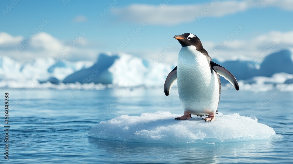 Obraz premium A cute penguin stands on a small iceberg against a breathtakingly serene Arctic landscape, embodying the beauty and fragility of nature's ecosystems in brilliant detail.