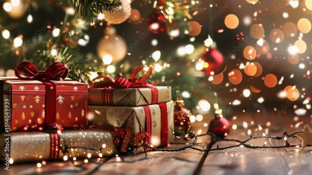 Festive holiday scene with presents wrapped in decorative paper and ribbon, ornaments, and twinkling lights under a Christmas tree, creating a warm and celebratory atmosphere.