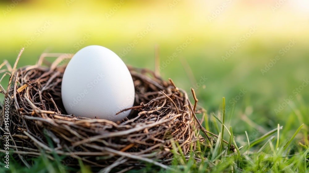 Obraz premium A pristine white egg rests comfortably in a woven nest, symbolizing new beginnings and the beauty of nature's cycles, surrounded by vibrant green grass and soft lighting.