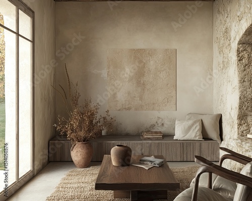 Scandinavian farmhouse living room interior, wall mockup with minimalist design and warm tones captured in stunning 