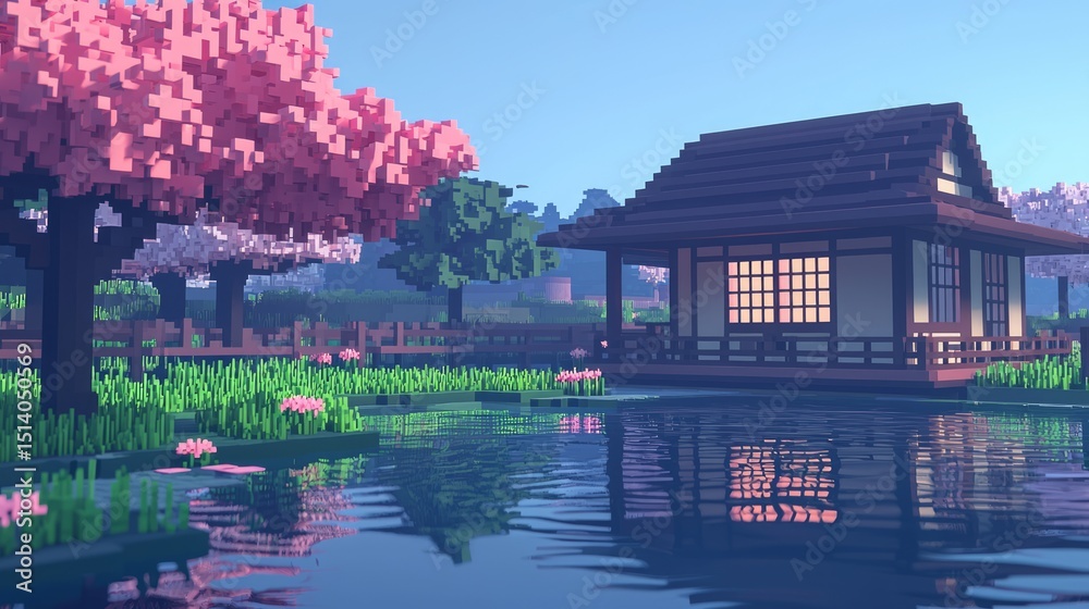 Obraz premium Japanese Tea House in Rural Spring Landscape with Cherry Blossoms and Voxel Style
