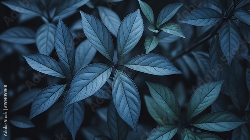 Moody bluish leaves create a deeply calming, natural pattern showing subtle textures and shadows