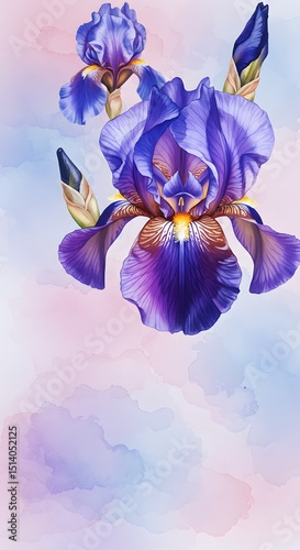 Delicate purple irises against a soft, pastel background