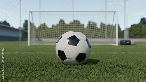 Soccer ball resting on the green grass field faces an empty goal post