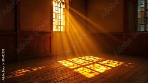 Sunlight streaming through a window, casting a patterned shadow on a wooden floor