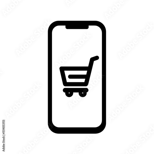 Black vector icon of a shopping cart displayed on a smartphone screen, isolated on transparent background.
