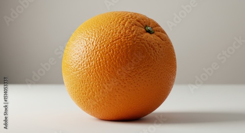 Single orange fruit on a white surface against a neutral background.