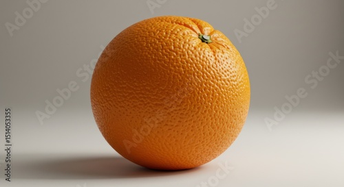 Single orange fruit stands on a white surface against a neutral background.