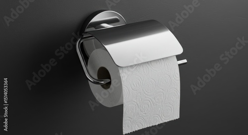 Toilet paper roll on a metal holder against a dark gray wall.