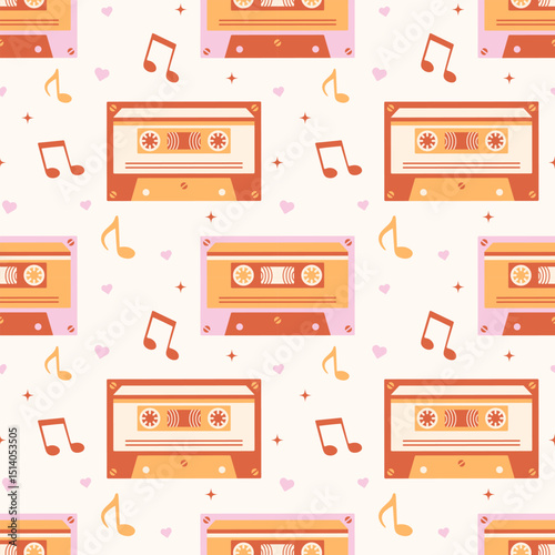 Seamless retro music pattern with colorful cassette tapes, music notes, hearts and sparkles. Perfect for vintage designs, wallpapers, and textile prints.