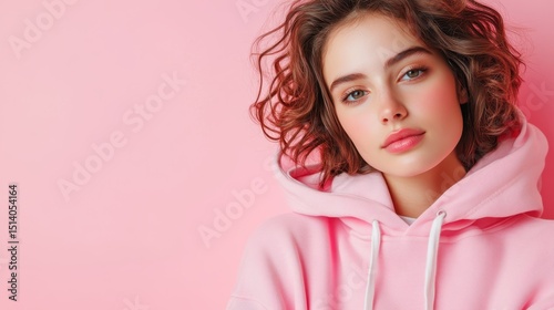 A close portrait of a young woman in a pink hoodie against a light pink background, capturing a sense of youthful beauty and casual, everyday charm in modern culture. photo