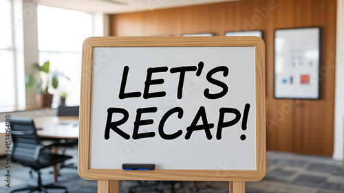 A whiteboard with let's recap written on it in an office setting indoors