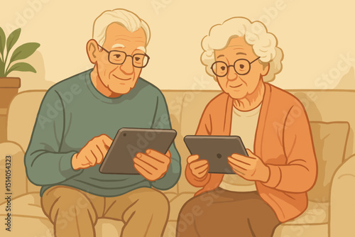 Tech-savvy senior couple using digital tablets on cozy sofa. Elderly man and woman browsing online, learning new skills. Modern retirement lifestyle, active aging, digital literacy. Illustration.