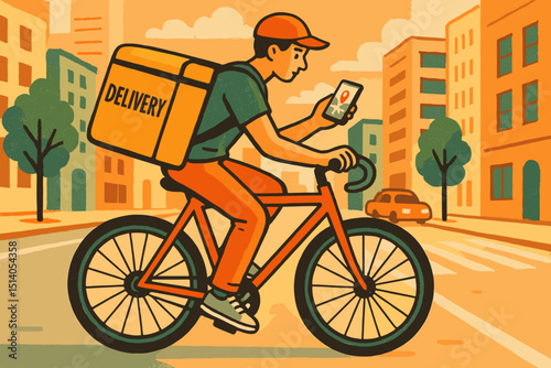 Urban delivery cyclist. Bicycle courier with backpack. Smartphone GPS navigation app. City street scene. Food package delivery service. Eco-friendly transport. Gig economy worker. Vector illustration.