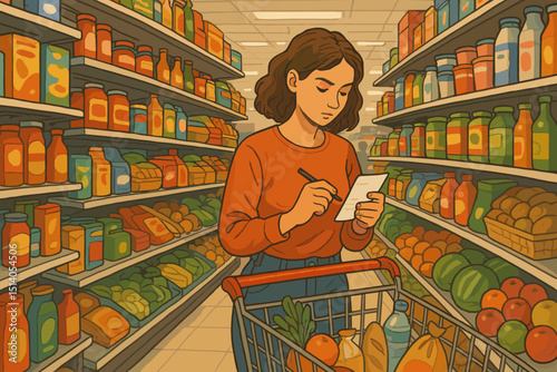 Woman supermarket grocery shopping. Customer with cart, checking list. Retail store aisle, food products on shelves. Buying concept. Consumerism. Daily routine, errand. Vector illustration.