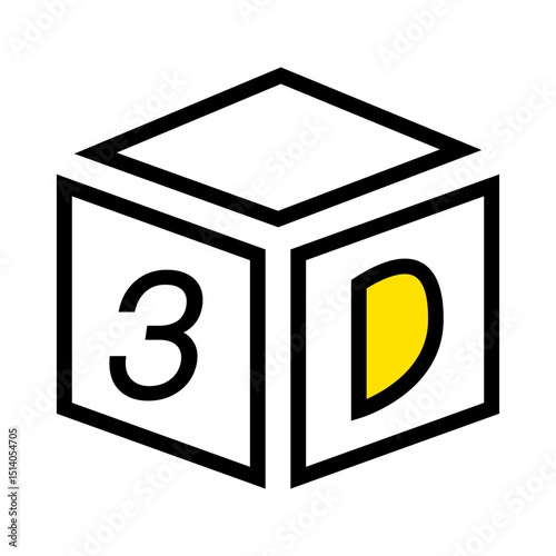 Illustration of a three dimensional cube with the letters three and d on the visible faces in black and yellow