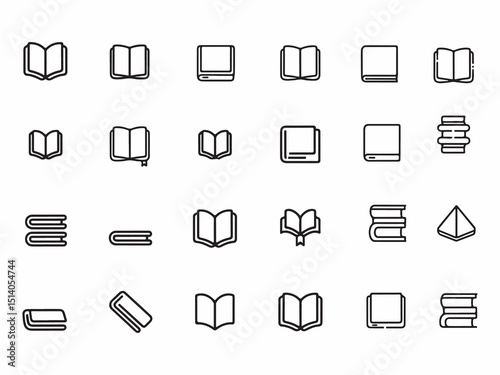 Set of sixteen minimalist black and white book icons arranged in geometric grid layout