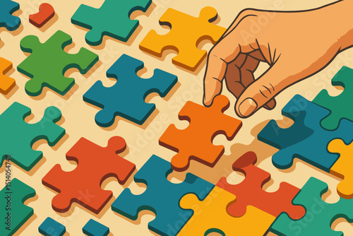 Hand selecting colorful jigsaw puzzle piece. Concept of problem-solving, finding solutions, strategy, and making choices. Teamwork, connection, and fitting parts together. Retro vector art.