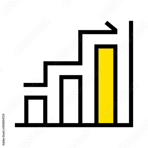 Rising bar graph with yellow bar and arrow in black outline showing growth and positive trend line