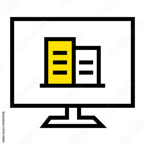 Monitor displaying a yellow and white building icon with horizontal lines in a black outline
